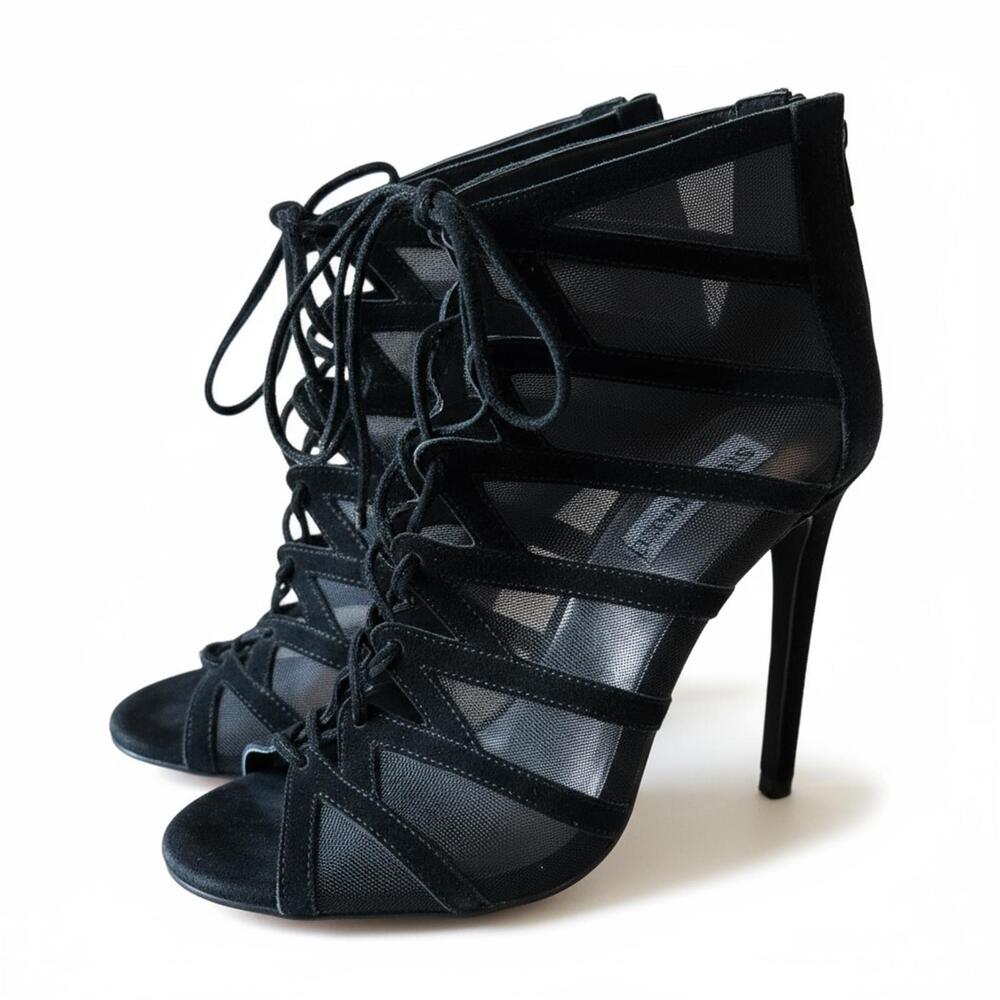 Steve Madden Dax Black Mesh Lace-Up Heels Sz 7.5 | Evening Glam Party Style